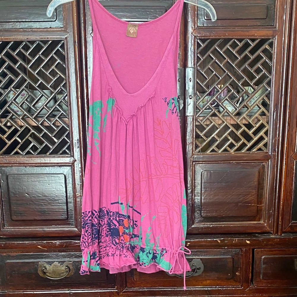 Bright Pink Scoop-Neck Tank with Teal & Navy Print